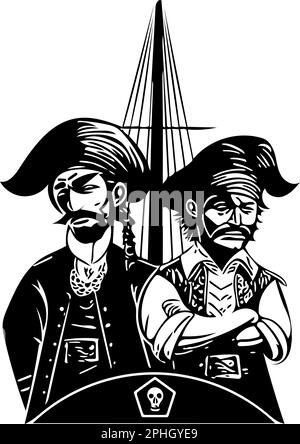 Two pirates on their pirate ship as vector. Outline as template or icon. Stock Vector