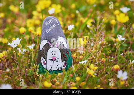 White Bunny painted on a rock on a meadow with flowers. Happy Easter text Stock Photo