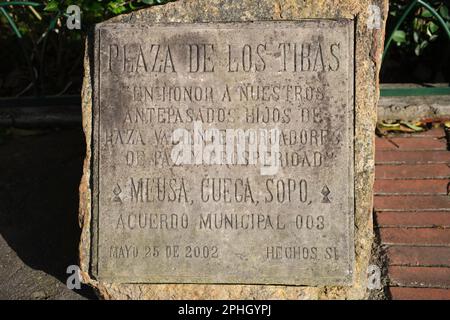 January 22, 2023, Sopo, Cundinamarca, Colombia: Informative plaque in the Tibas Square, in honor of the pre-Hispanic peoples. Stock Photo