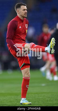 Cardiff, UK. 28th Mar, 2023. Aaron Ramsey of Wales warms up during the UEFA European Championship Qualifying match at the Cardiff City Stadium, Cardiff. Picture credit should read: Darren Staples/Sportimage Credit: Sportimage/Alamy Live News Stock Photo