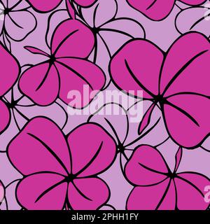 seamless asymmetrical pattern of clover leaves in purple tones and black contouros, design, texture Stock Photo