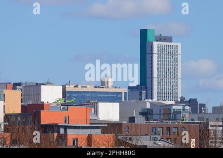 Childrens Air Ambulance landing at Leeds General Infirmary hospital. Stock Photo