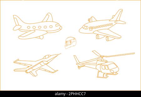 Airplane, Jet airplane, helicopter, helmet outline vector Illustration Stock Vector