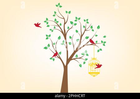 Colorful tree with birds cage vector Stock Vector