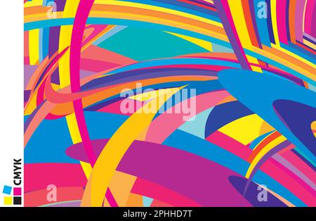 Colorful abstraction by complicated saturated multicolor curved stripes. Particolored vector graphic pattern. CMYK colors Stock Vector