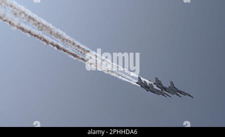 The U.S. Air Force Thunderbirds fly during the Thunder and Lightning over Arizona Air Show at Davis-Monthan Air Force Base, Ariz., March 25, 2023. The Thunderbirds have been representing the U.S. Air Force as an aerial demonstration team since 1953. (U.S. Air Force photo by Airman 1st Class Andrew Farmer) Stock Photo