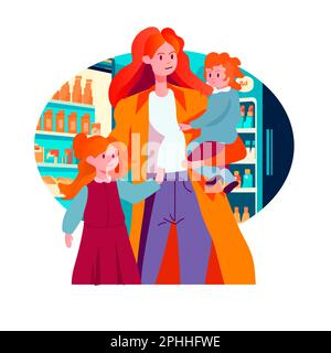 mother walking with her little daughters loving family parenthood childcare concept mothers day card template Stock Vector