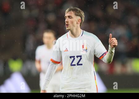 Koln, Germany. 28th Mar, 2023. Belgium's Alexis Saelemaekers pictured during a friendly game between the German national soccer team and Belgian national soccer team Red Devils, in Koln, Germany, Tuesday 28 March 2023. BELGA PHOTO BRUNO FAHY Credit: Belga News Agency/Alamy Live News Stock Photo