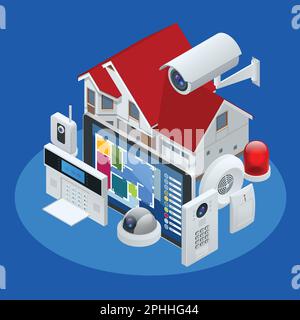 Isometric alarm system home. Home security. Security alarm keypad with person arming the system. Access, Alarm zones, security system panel Stock Vector