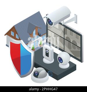 Isometric alarm system home. Home security. Security alarm keypad with person arming the system. Access, Alarm zones, security system panel Stock Vector