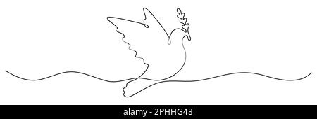 Flying dove with olive branch continuous one line drawn. Freedom bird symbol. Vector illustration isolated on white. Stock Vector