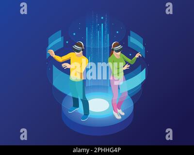 Isometric Man and woman wearing virtual reality goggles. Augmented realty concept. Man wearing goggle headset with touching vr interface. Into virtual Stock Vector