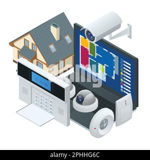 Isometric alarm system home. Home security. Security alarm keypad with person arming the system. Access, Alarm zones, security system panel Stock Vector