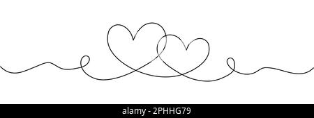 Two hearts continuous line art drawing. Double heart wavy line. Vector illustration isolated on white. Stock Vector