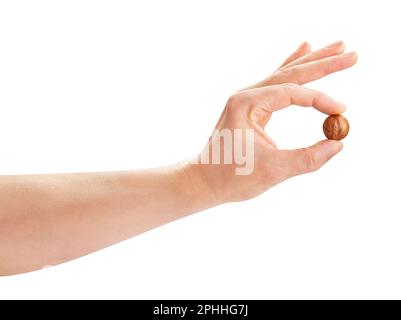 macadamia nut in hand path isolated on white Stock Photo