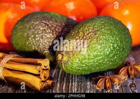 avocado group on wood background Stock Photo