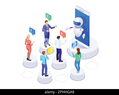 Isometric artificial intelligence. People ask questions for the chatbot. Science teacher bot concept. Knowledge Expertise Intelligence Learn Stock Vector
