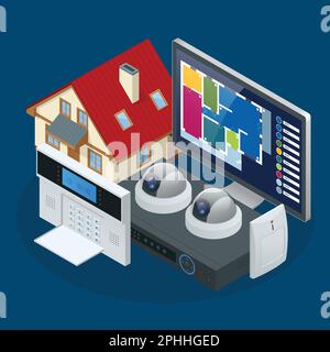 Isometric alarm system home. Home security. Security alarm keypad with person arming the system. Access, Alarm zones, security system panel Stock Vector