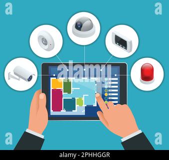 Isometric alarm system home. Home security. Security alarm keypad with person arming the system. Access, Alarm zones, security system panel Stock Vector