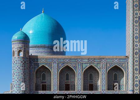 Fragment of architecture Tilya Kori Madrasah (Islamic religious schools) at Registan square- main square in historic Samarkand, Uzbekistan Stock Photo