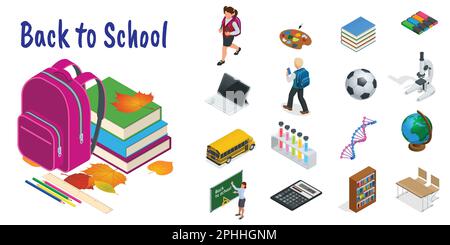 Isometric education icons set. Back to school, workplace, school kids and other elements. Vector illustration. Stock Vector