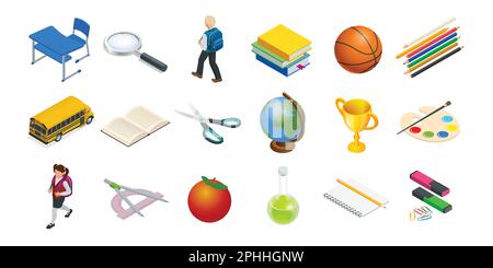 Isometric education icons set. Back to school, workplace, school kids and other elements. Vector illustration. Stock Vector