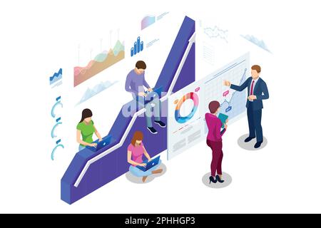 Isometric web banner Data Analisis and Statistics concept. Vector illustration business analytics, Data visualization. Technology, Internet and Stock Vector