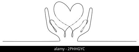 Hand holding heart continuous one line drawing. Love concept. Vector isolated on white. Stock Vector