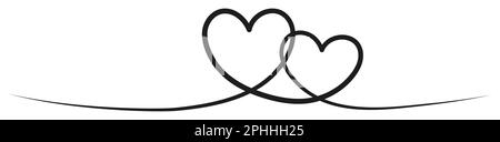 Two hearts continuous one line art. Double heart wavy sketch line. Vector hand drawn illustration isolated on white. Stock Vector