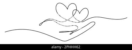 Continuous one line drawing arms holding two hearts. Love linear concept. Vector isolated on white. Stock Vector