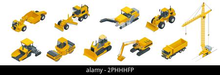 Isometric icons set of construction equipment and machinery with trucks crane and bulldozer. Isolated vector Building machines illustration on white Stock Vector