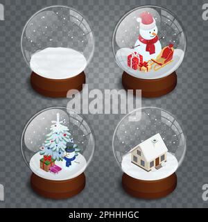 Isometric Christmas transparent snowglobe isolated on transparent vector background. . Winter in glass ball, crystal dome with snowflake. Stock Vector