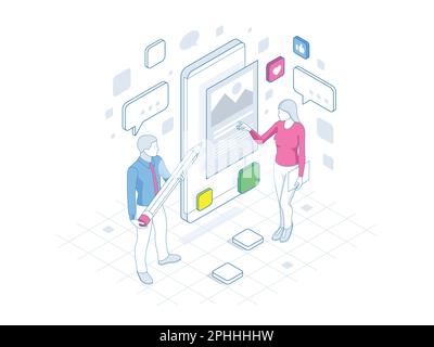 Isometric freelancing, creative blogging, commercial blog posting, copywriting, content marketing strategy. People are standing near smartphone, using Stock Vector