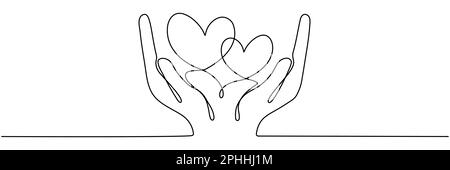 Continuous one line drawing arms holding two hearts. Love linear concept. Vector isolated on white. Stock Vector