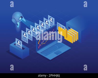 Isometric robot analyzes the database of employees or personnel. Data processing. Robot HR manager. Artificial intelligence working for big data Stock Vector