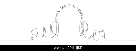 Headphones with music notes continuous one line drawing. Vector isolated on white. Stock Vector