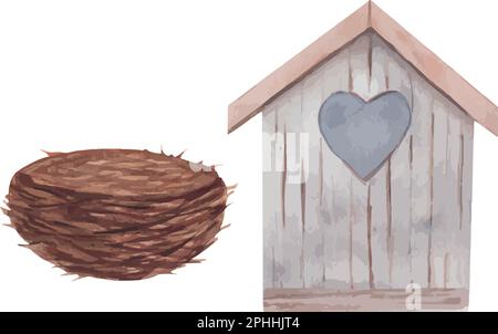 Watercolor wood birdhouse with heart and Bird nest. Spring decoration. Stock Vector