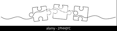 Puzzles line art. Jigsaw pieces continuous one line drawing. Vector isolated on white. Stock Vector