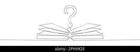 Open book and question mark one continuous line drawing. Vector illustration isolated on white. Stock Vector