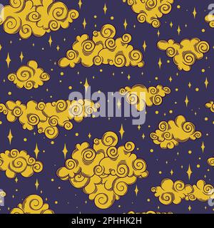 Tarot seamless pattern with stars and clouds. Tarot aesthetic tile wallpaper. Vector illustration on dark background Stock Vector