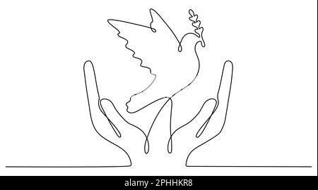 Continuous line drawing hand with flying dove with olive branch. Freedom linear bird symbol. Vector illustration isolated on white. Stock Vector