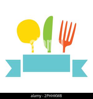 Fork, spoon and knife with ribbon. Cooking elements set. Vector illustration isolated on white. Stock Vector