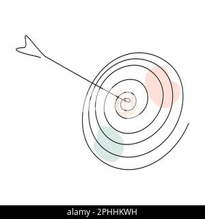 Target with arrow continuous line drawing. Hand drawn linear goal circle with pastel abstract shapes. Vector illustration isolated on white. Stock Vector