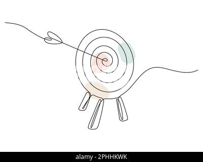 Target with arrow continuous line drawing. Hand drawn linear goal circle with pastel shapes. Vector illustration isolated on white. Stock Vector
