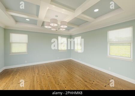Beautiful Light Blue Custom Master Bedroom Complete with Fresh Paint, Crown and Base Molding, Hard Wood Floors and Coffered Ceiling Stock Photo