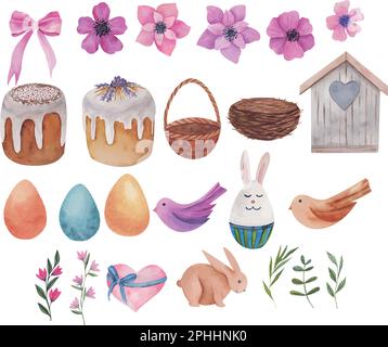 Vector illustrations on a spring theme, flowers, Easter eggs, twigs, birds and an Easter bunny. Stock Vector