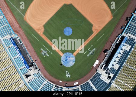 Los Angeles, United States. 28th Mar, 2023. A general overall aerial view  of the MLB Opening Week logo on the infield at Dodger Stadium, Tuesday,  Mar. 28, 2023, in Los Angeles. Photo