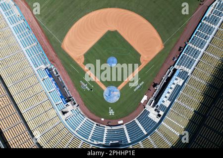 Los Angeles, United States. 28th Mar, 2023. A general overall aerial view  of the MLB Opening Week logo on the infield at Dodger Stadium, Tuesday,  Mar. 28, 2023, in Los Angeles. Photo