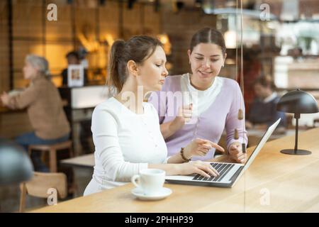 Female freelancers drinking coffee and working on laptop in cafe Stock Photo
