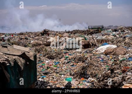 Nairobi, Kenya. 23rd Feb, 2023. Panoramic view of Dandora dumpsite. Dandora is the biggest dumpsite in East Africa and is the destination of the solid waste generated by Nairobi. It has been declared full in 1996 but is still operating and a lot of people, including children, go there looking for plastic, food or clothes they can sell. (Photo by Simone Boccaccio/SOPA Images/Sipa USA) Credit: Sipa USA/Alamy Live News Stock Photo